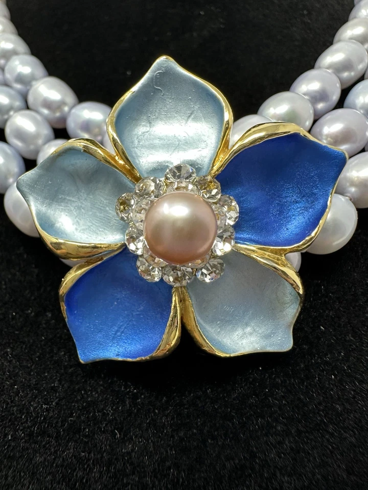 "Collar grueso de perlas cultivadas genuinas 8-10 mm colgante de flor azul 17""" Foto 3 de 4