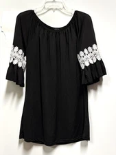 Win Win Black Ruffle Sleeve Knit Top Small/Medium  Lace Accent