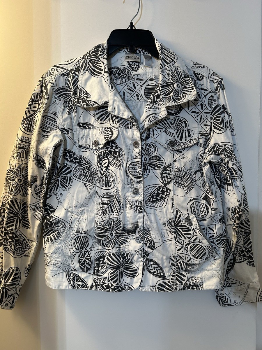 トップス onn New Chico's Jacket Women's Size 1 Floral Sequins Denim Jean Button