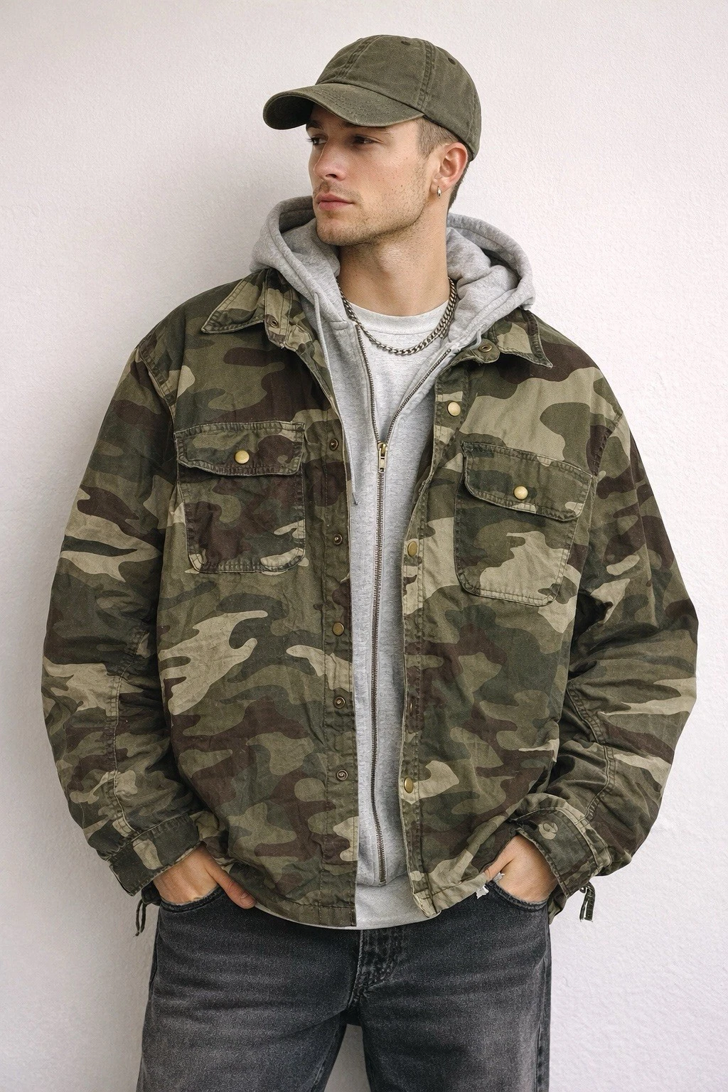 Mens Camo Utility Jacket w/ Hoodie Insert Military Streetwear Coat Y2K Medium