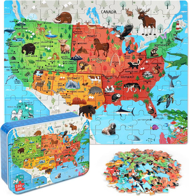 LELEMON United States Puzzles for Kids Ages 4-8,100 Pieces USA Animal Map...