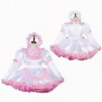Maid Sissy Girl Lockable White satin long sleeve Dress cosplay costumes Tailored