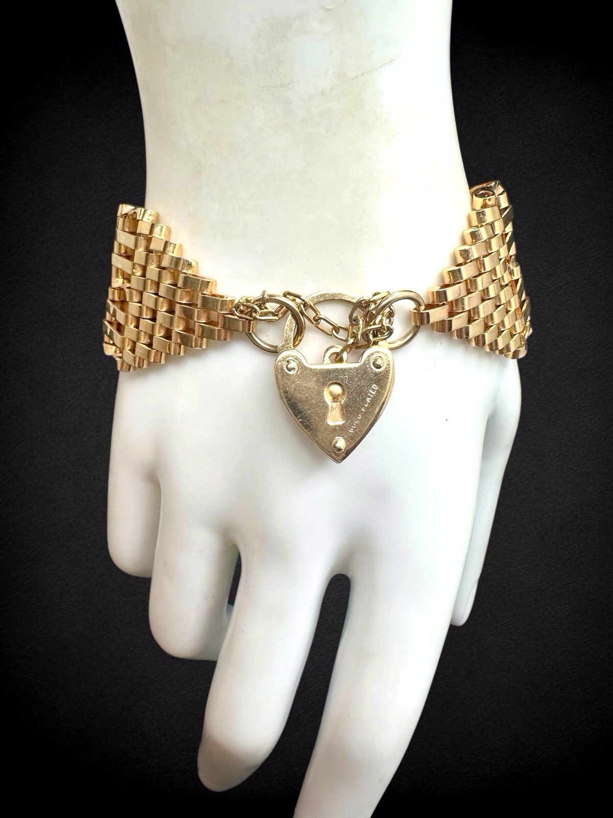 Vintage Gold Plated Gate Link Bracelet Heart Padlock Clasp Victorian Style