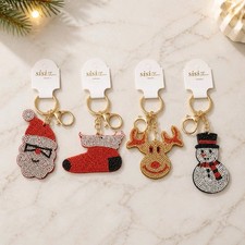 Rhinestone Christmas Keychain Crystal Holiday Key Ring Bling Santa Snowman Gift