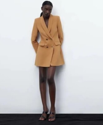 Zara Basic Collection Camel Double Breasted  Long Blazer Jacket Dress Women M