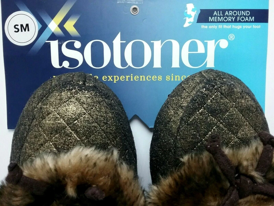 Zapatillas Isotoner para mujer de espuma viscoelástica doradas marrones brillantes piel sintética EE. UU. pequeñas (5-6) Foto 4 de 4