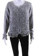 Central Park West Womens Gray Textured Crew Neck Fringe Long Sleeve Jacket Sizes