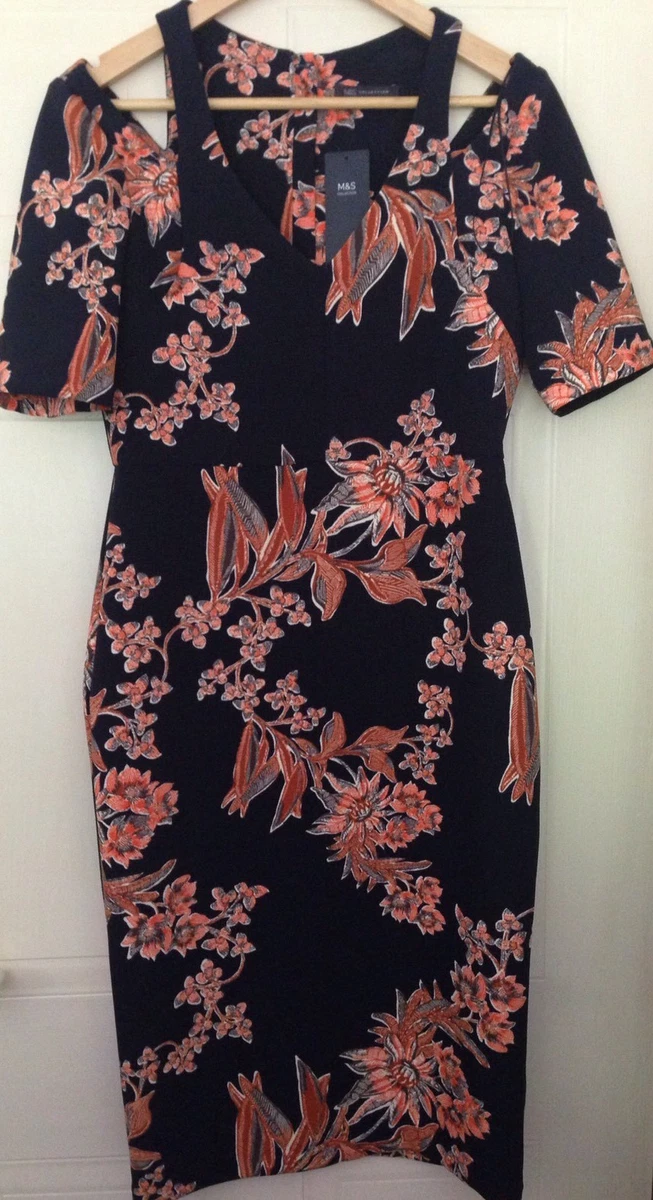 Marks Spencer M S Collection Navy Orange Cold Shoulder Bodycon Dress 12 40 M