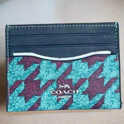 Coach Houndstooth Slim Id Card Case Blue Coated Canvas CJ722 Leather Black