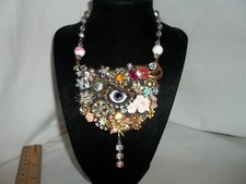 Vintage Victorian Flower Antique Eye Divine Rhinestone Statement Necklace OOAK