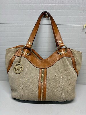 Michael Kors Moxley Khaki Canvas w/Brown Leather Trim Shoulder Tote Bag~Classy!