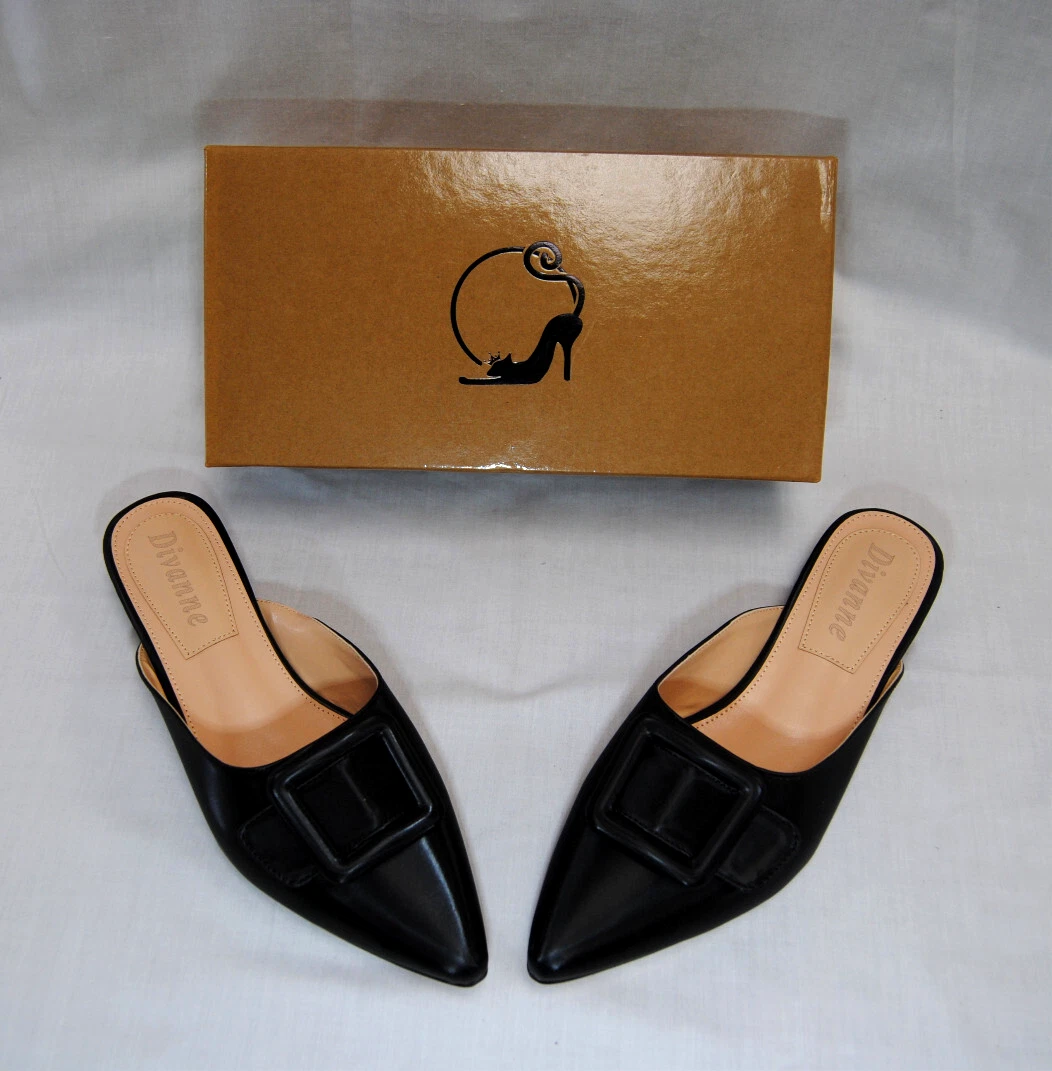 Divanne Women's Buckle Black Satin Loafer Mule Slip-On Pointed Toe Shoes T2336
