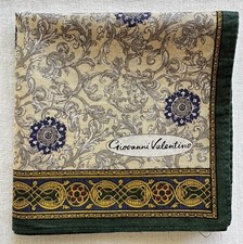 Yellow Cotton Handkerchief Baroque Flourish Green Damask VTG Pocket Square 18"