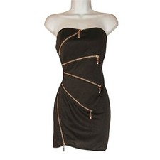 NEW CARMIN Silvertone Zipper Detail Strapless Black Bodycon Stretchy Dress XS