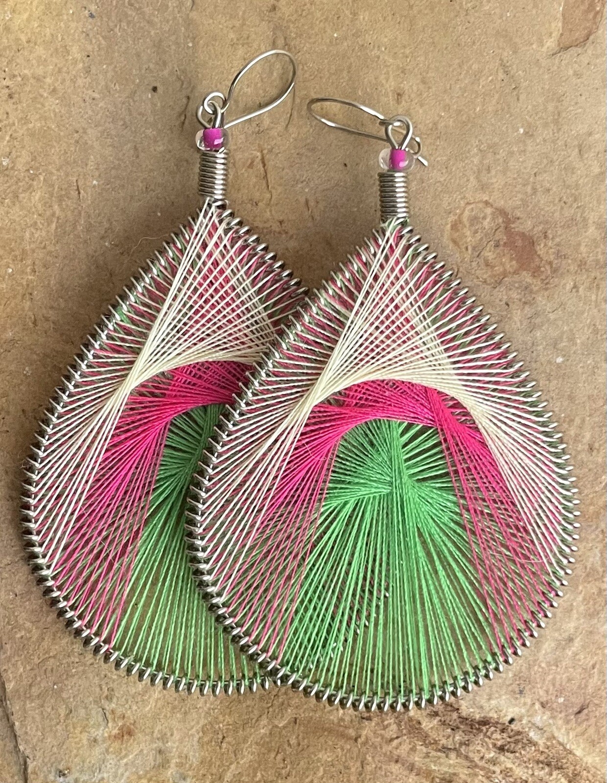 Boho Peruvian Handmade Teardrop Earrings in Red Green Yellow Silk Thread