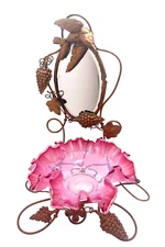 French Palais Royal Grape & Hummingbird Vanity Mirror & Opal Art Glass Bowl