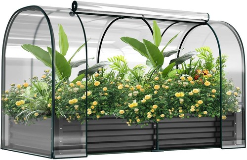 SLSY Galvanized Raised Garden Bed with PVC Cover 2 Roll-Up Windows Planter Box