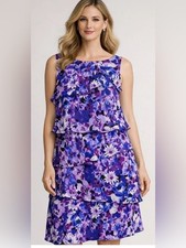 EUC Chaps Floral Purple Blue Layered Midi Dress size 14