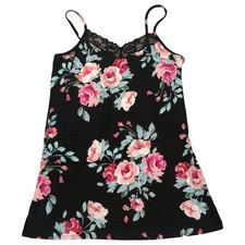 Womens Black Pink Floral Rose Print Chemise Nighty Nightgown Night Gown