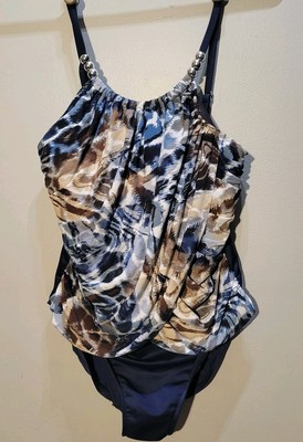 Magic Suit By Miracle Suit 10 Navy Blue Ruched Silver Beads Underwire