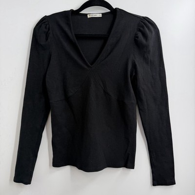 Marine Layer Lexi Ribbed V Neck Puff Sleeve Top Black Medium TENCEL