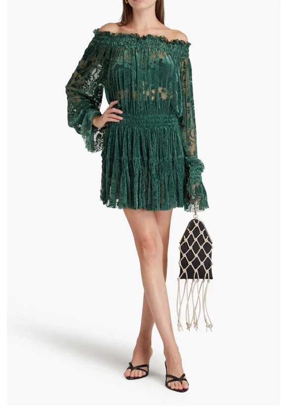 Mini Vestido Y2k Norma Kamali Fuera del Hombro Devore Terciopelo Verde Talla XS Campesino Foto 3 de 4