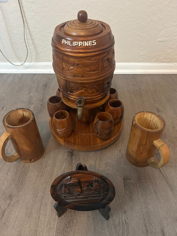 Vtg Hand Carved Monkey Wood Barrel Dispenser Set-Philippines-Lazy Susan-8 Cups