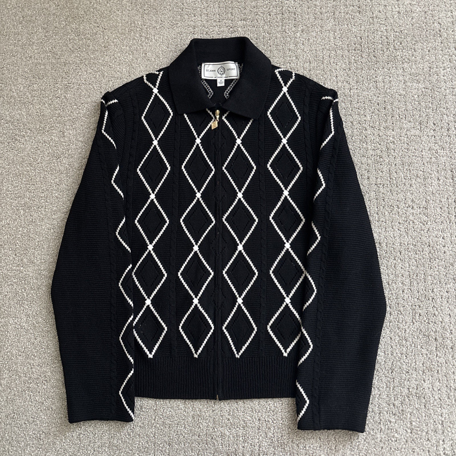 St. John Sport By Marie Black White Diamond Print Sweater Jacket Full Zip Cotton