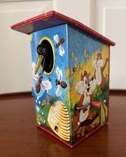 Vintage LBZ Tin Litho Mechanical Bird House Coin Bank Hand Crank W. Germany Key
