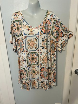 NWT JM Collection Neo Natural Paisley V-Neck Top with Short Sleeves Plus Size 2X