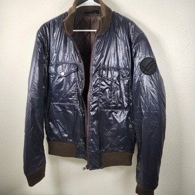 William Rast Bomber Jacket Navy Blue Brown Size Large Combat Biker Motorcycle 