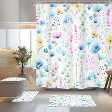 Blue Floral Girls 4Pcs Shower Curtain Set with Lid Cover and Non-Slip Rugs,Fl...