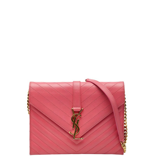 Saint Laurent V Stitch YSL Logo Crossbody Chain Shoulder Bag Pink Leather