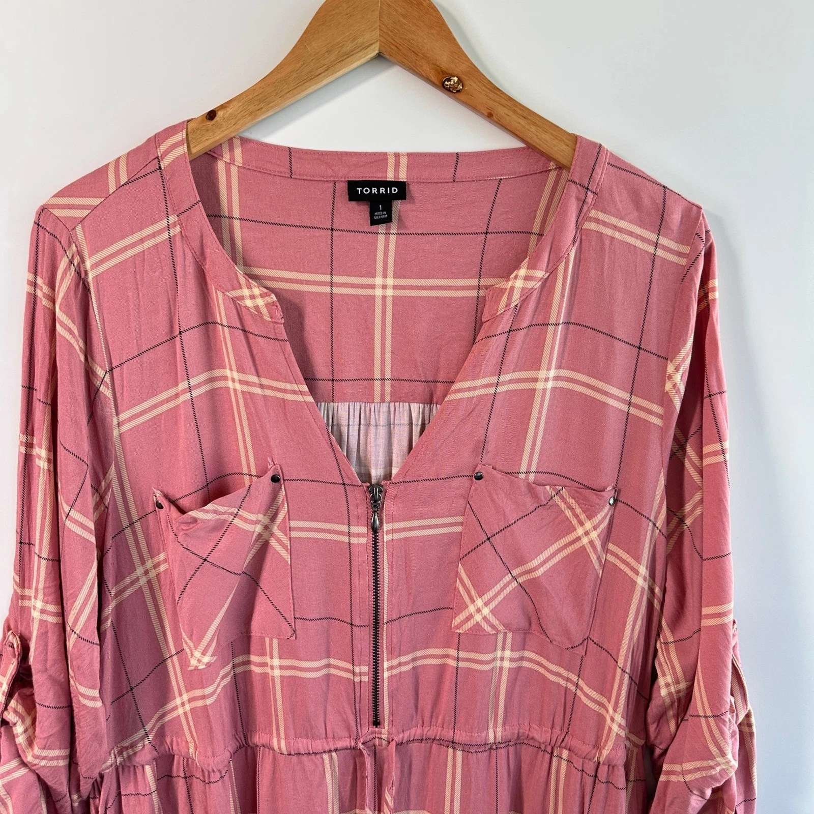 VETEMENTS Abito Camicia Torrid Mini Challis Plaid Rosa Taglia 1 Zip Frontale Viaggio Boho Nuovo senza etichette