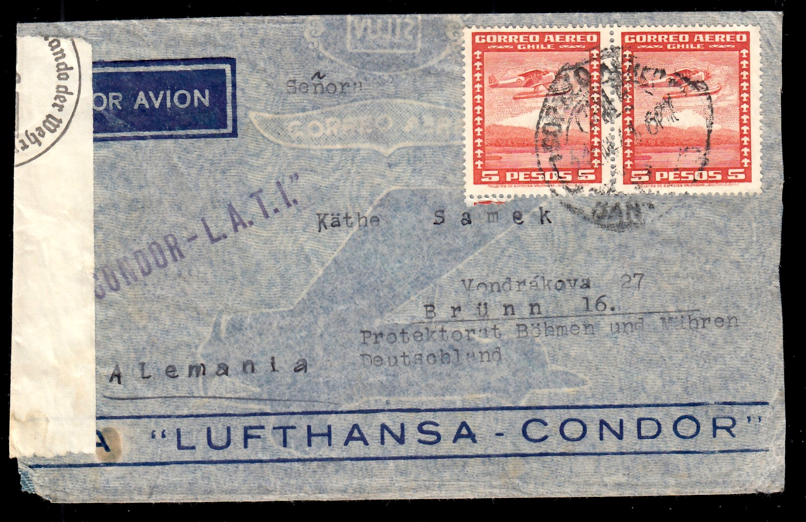 Chile, CONDOR-L.A.T.I. Airmail Letter To Brno, OKW Censorship