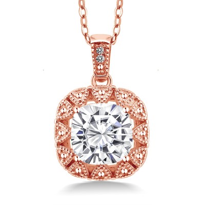 18K Rose Gold Plated Silver White Moissanite and Diamond Pendant Necklace For