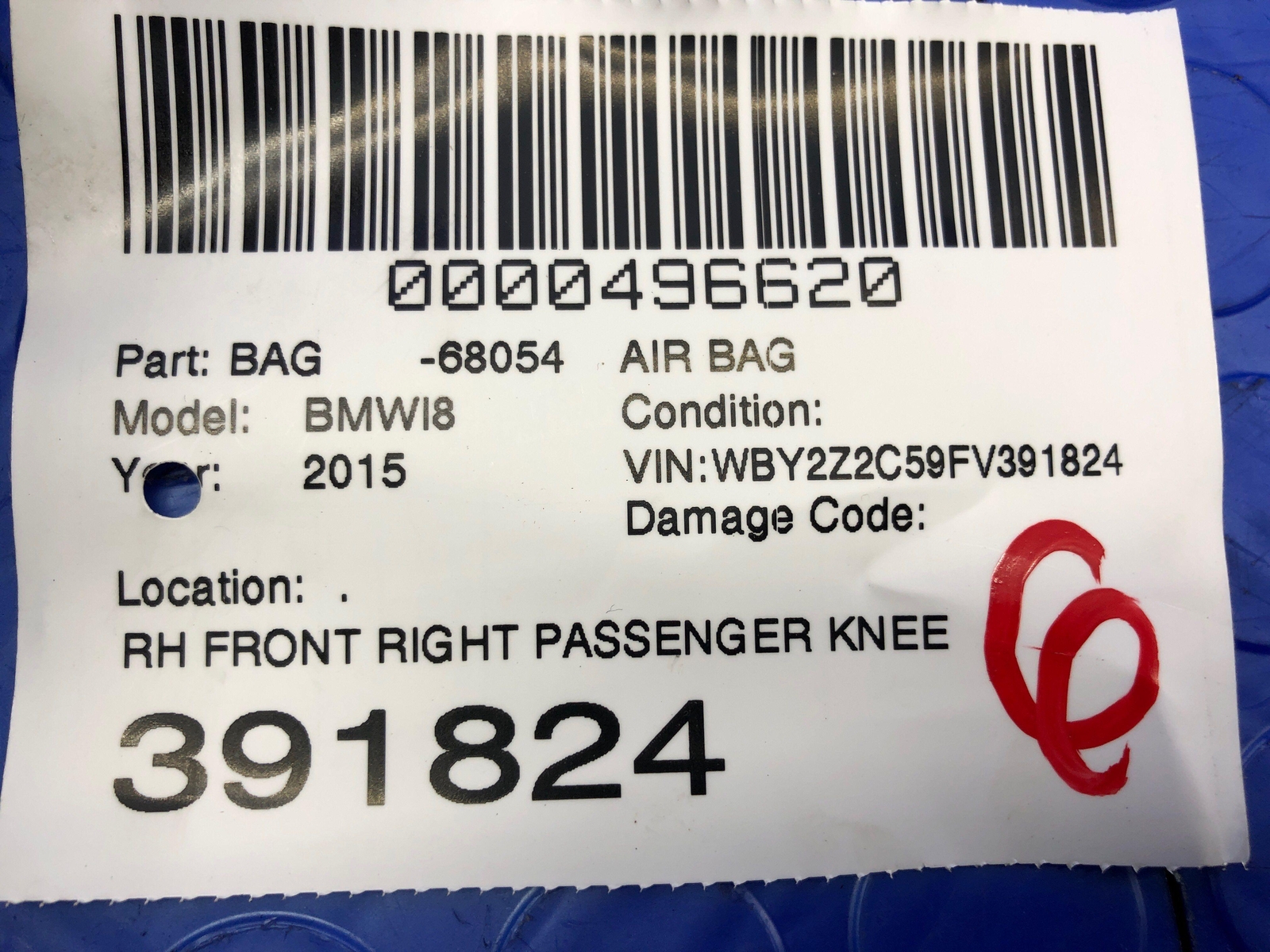 2014-2019 BMW I8 OEM FRONT RIGHT PASSENGER KNEE AIRBAG 9289694