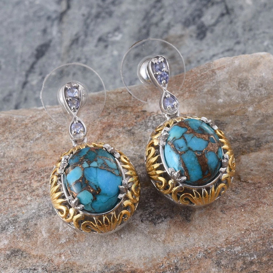PENDIENTES MOJAVE AZUL TURQUESA 9,42 CT, TANZANITA, ORO 14K, PLATINO SOBRE PLATA Foto 2 de 4