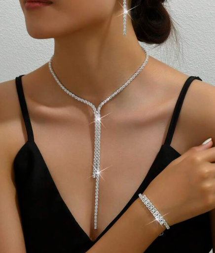 Bridal Prom Crystal Necklace Set Bracelet Earrings Silver Elegant Jewelry  Set
