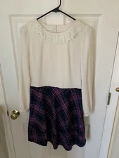 Kinloch anderson dress Ivory Top Purple Plaid With Collar Lace Size F/ 4Women
