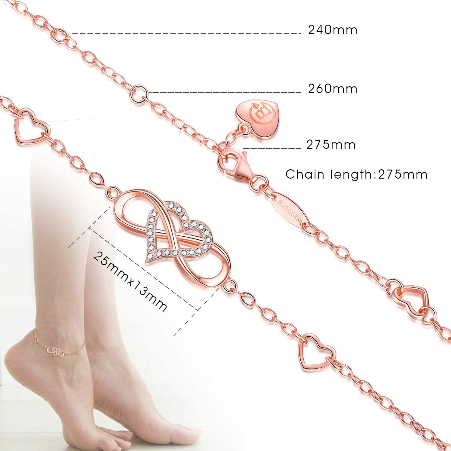Rose Gold Plated Infinity Heart Anklet Bracelet 925 Sterling Silver