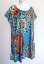 BOHO Ethnic Floral Art Stretch Knit Shift Dress Box Pleat Back Side Pockets XXL