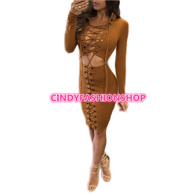 USA Women Sexy Bandage Slim Sexy Club Party Long Sleeve Lace UP Body con  Dress | eBay