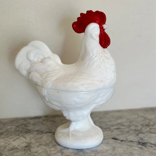 Vintage 9 Inch Rooster Milk Glass Candy Dish  Westmoreland Kitchen Decor
