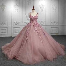 Shiny Pink Sweetheart Quinceanera Dresses Applique Flower Tull Ball Gown Sweet16