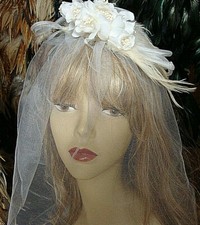  5 White Ivory Bridal Veil with Feathers - Birdcage Netting - Comb - US Seller