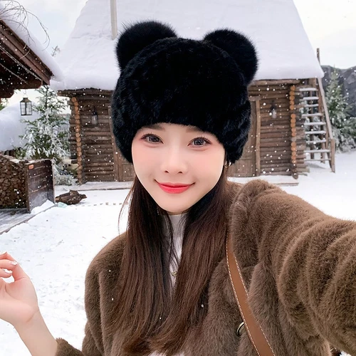Damen Echt Nerz Pelzmütze Beanie Winter warm Strick Outdoor Mütze mit Fuchspelz Ball - Bild 2 von 24