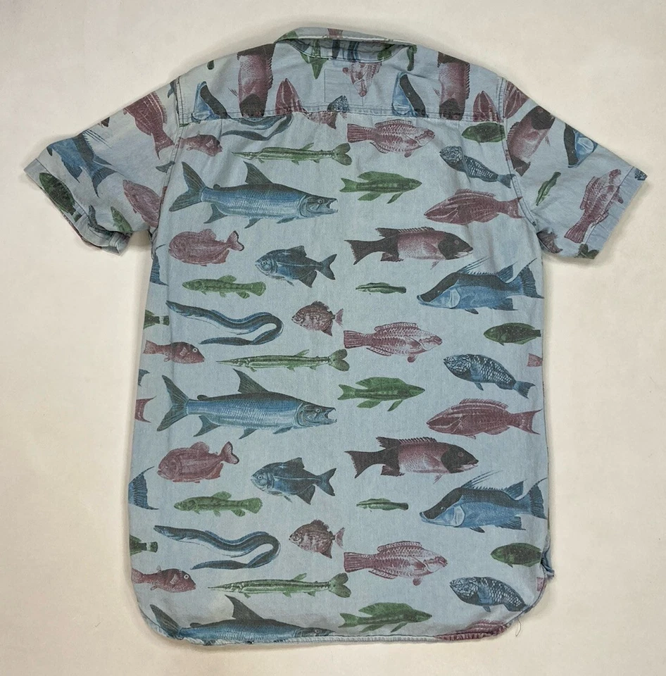 Modern Amusement Fish Print Denim Jean Shirt Men Slim Large Blue Short Sleeve - Image 4 of 4