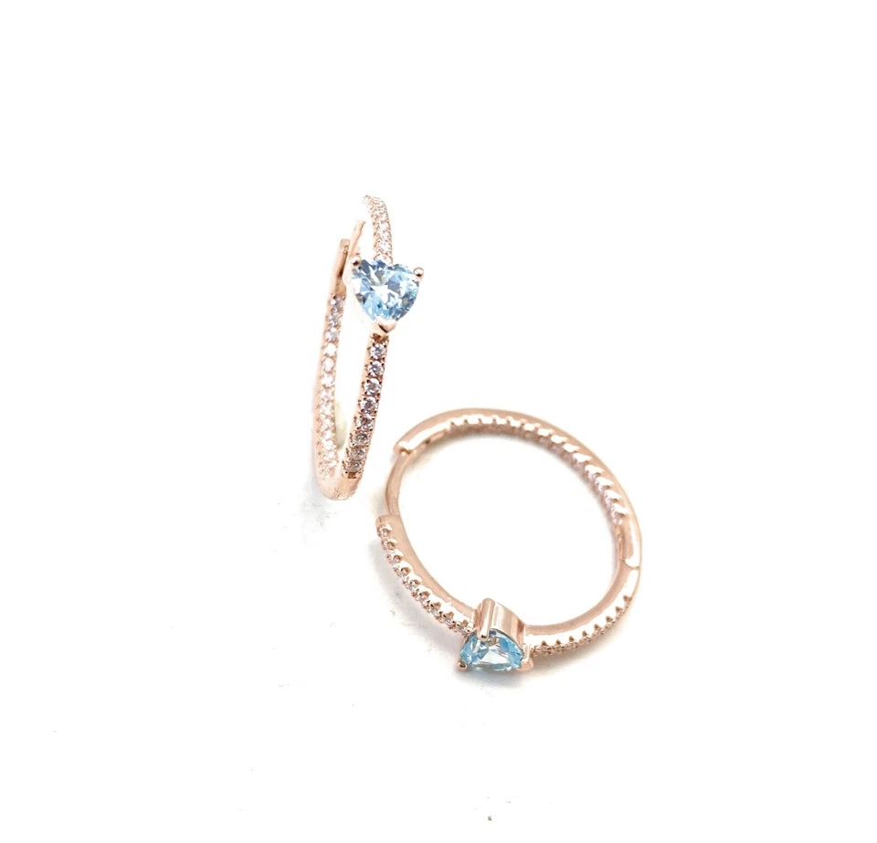 Orecchìni Cerchietto Argento Sterling Cuore Zircone Acquamarina placcato Rosé - Immagine 2 di 3