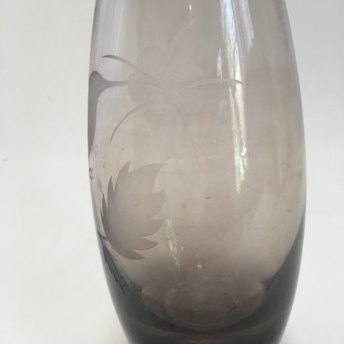 Vase Caithness Hummingbird Acid Etched Design Bird Brown Smoke Glass Vintage - Picture 17 of 24